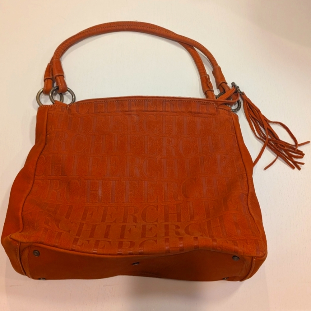 FERCHI Embossed Brown Leather Shoulder Bag
